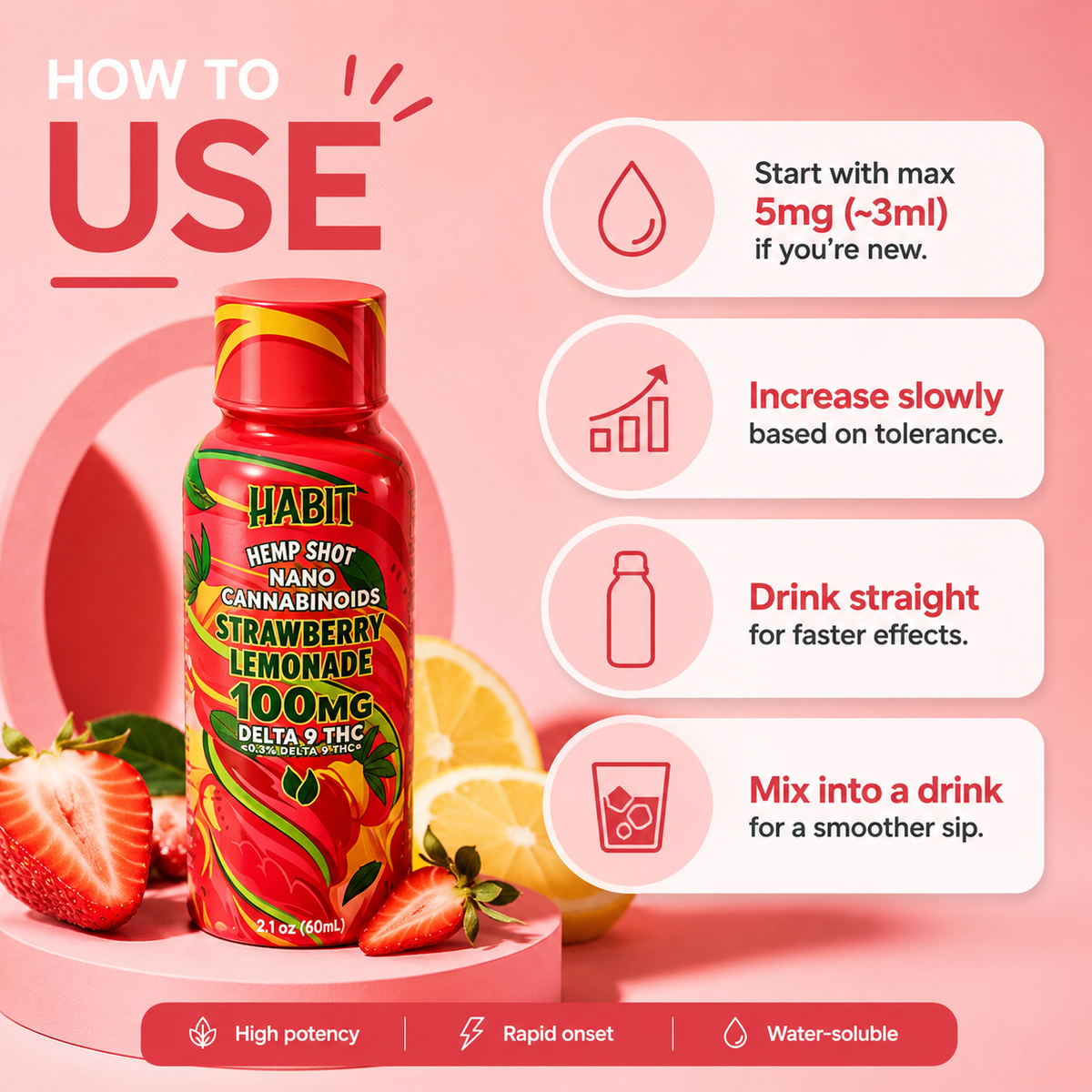 Habit 100 MG Delta 9 THC Hemp Shot – Strawberry Lemonade (3)