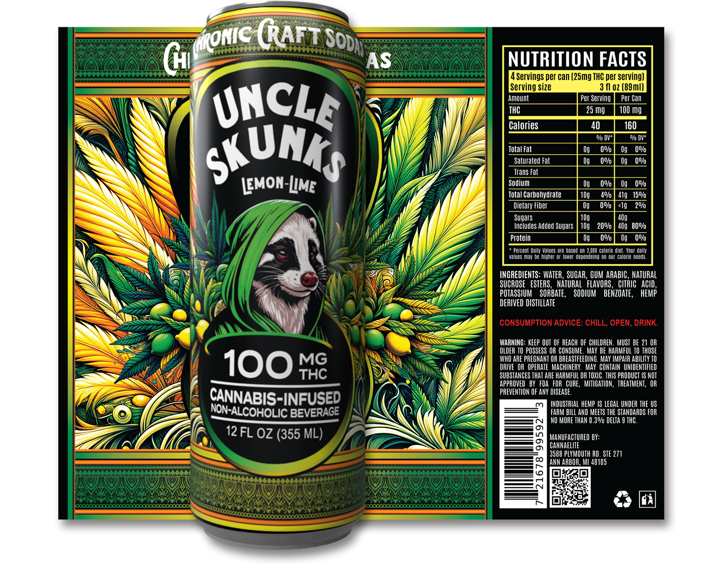 Uncle Skunks Lemon Lime 100mg Chronic Craft Soda (12oz) (3)